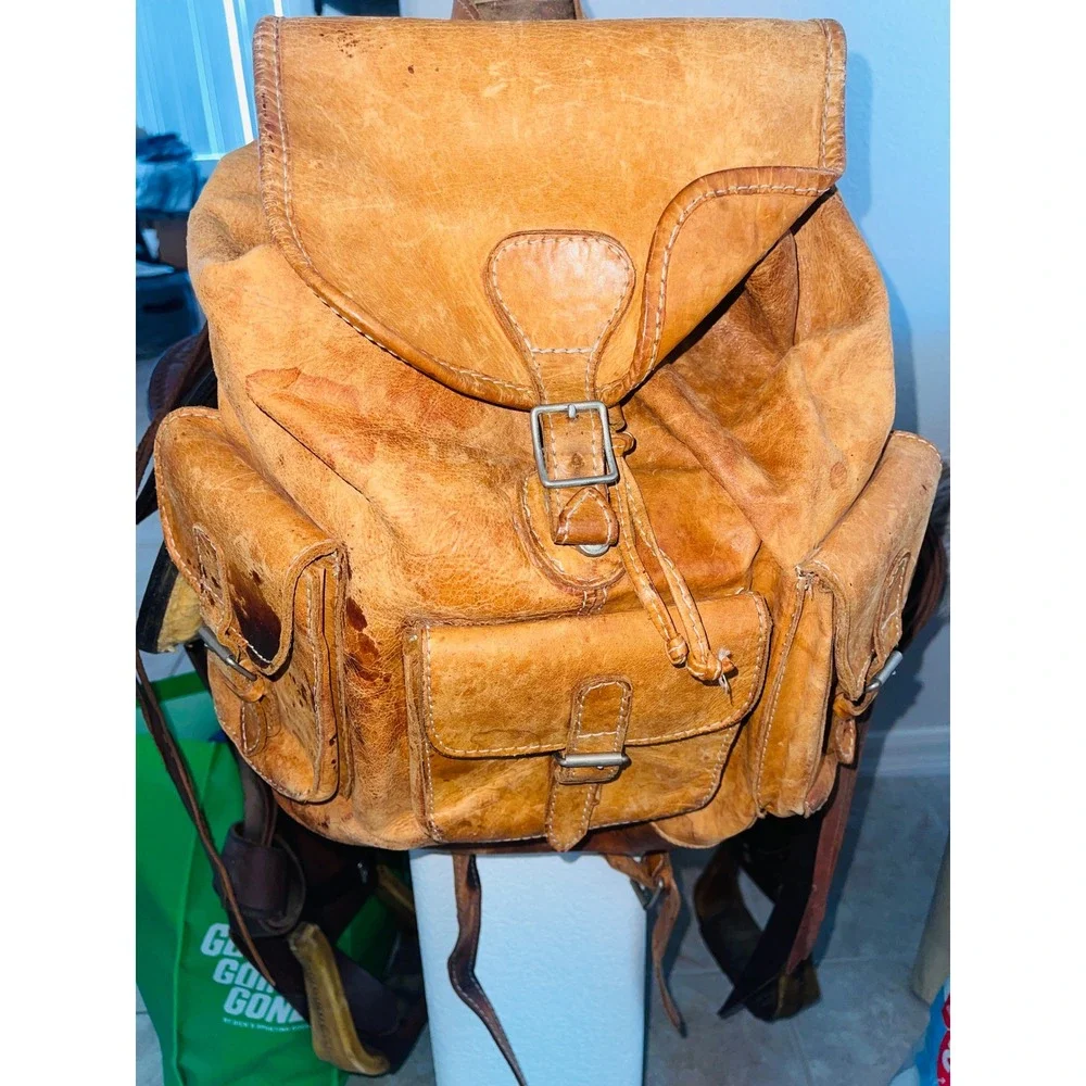 Vintage Distressed Leather Rucksack Backpack Boho Festival Utility Camel